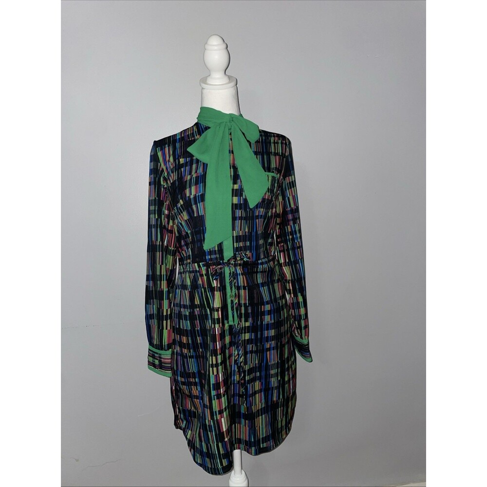 Amelia New York 2 Shirt Dress Multicolor Abstract Stripe Green Tie Neck M